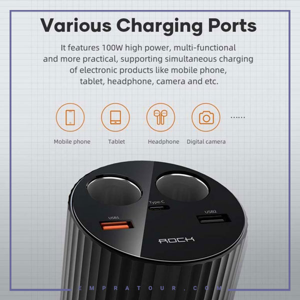 شارژر فندکی 100وات پنج پورت راک B600