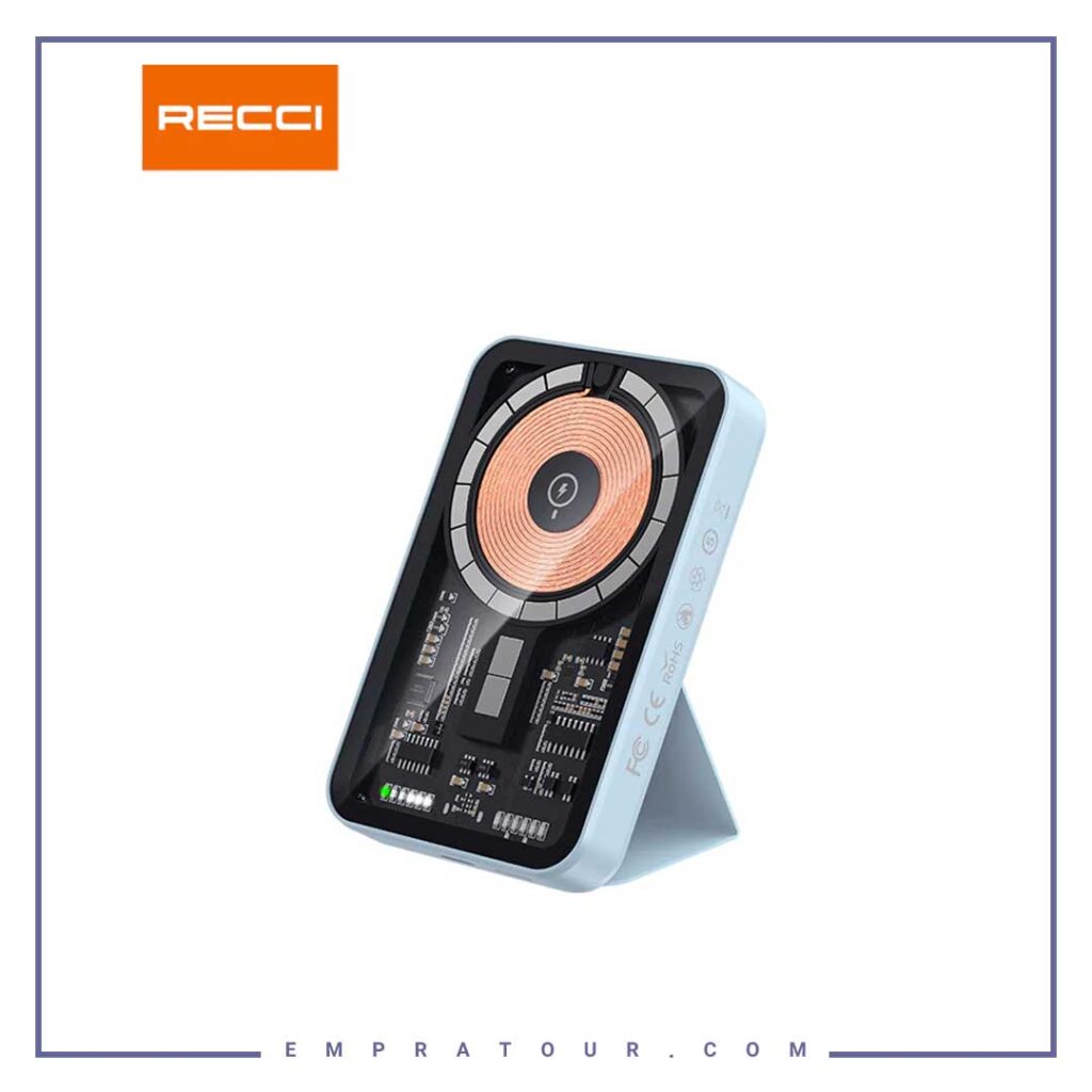 پاور وایرلس مگنتی 5000 میلی آمپر شفاف رسی Recci wireless charging PD20Wmagnetic power bank RPB-W07