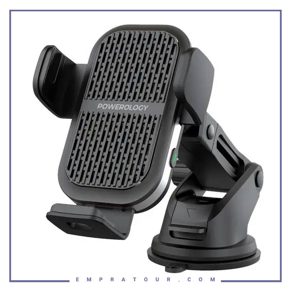 هولدر و شارژر وایرلس 15 وات پاورولوژی Powerology Dual coil Wireless Charger Car Mount PCCSR009