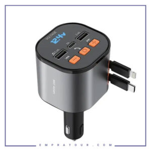 اف ام پلیر و شارژر فندکی 50 وات با کابل جمع شونده گرین لاین Green Lion Fm Retactable Car Charger GNFMRCH50WBK