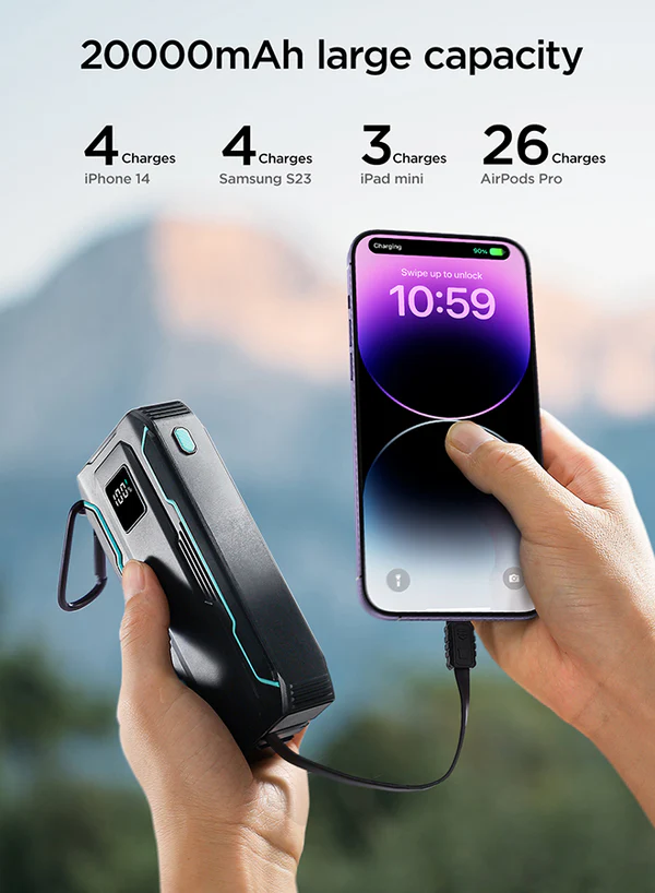 پاور بانک 22.5 وات 20000 جویروم با کابل متصل JR-L018