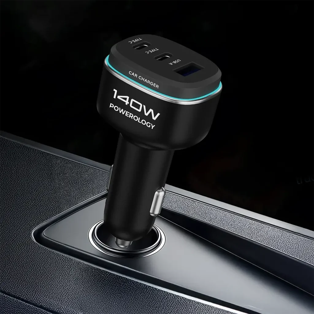 شاژر فندکی 3 پورت 140 وات پاورولوژِی Powerology Car Charger PCCSR025BK