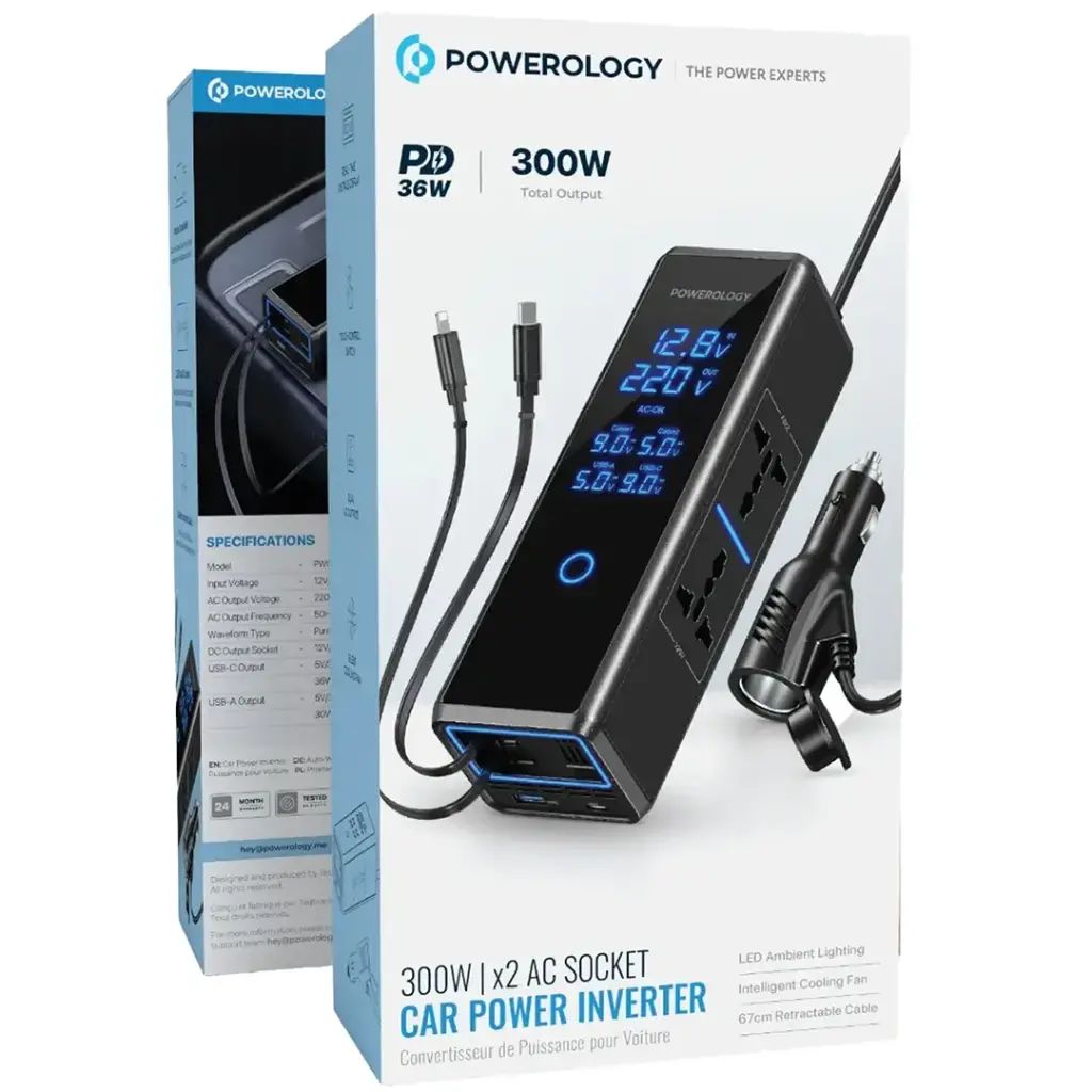 اینورتر 300 وات با کابل  جمع‌شونده پاورولوژی Powerology Car Power Inverter PWCPI300WBK