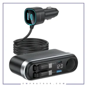 شارژر فندکی 60 وات با کابل جمع شونده پاورولوژی Powerology Currnex Car Charger PCCSR19BK