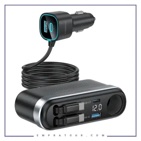 شارژر فندکی 60 وات با کابل جمع شونده پاورولوژی Powerology Currnex Car Charger PCCSR19BK