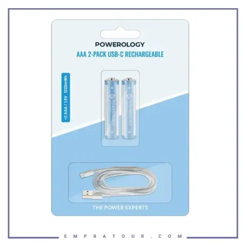 باتری نیم قلمی قابل شارژ پاورولوژی Powerology AAA 2-Pack USB-C Rechargeable PWAAA122