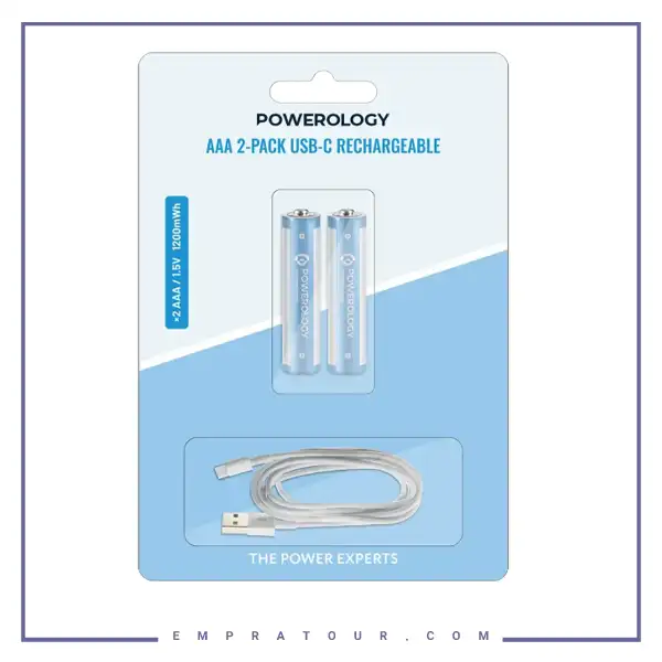 باتری نیم قلمی قابل شارژ پاورولوژی Powerology AAA 2-Pack USB-C Rechargeable PWAAA122